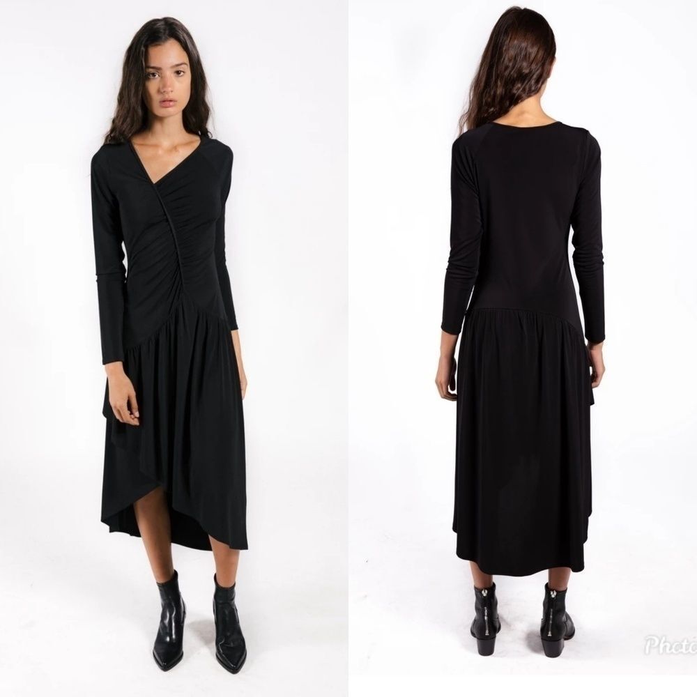 NWT Lenon Jill Dress Black Asymmetrical Ruched Long Sleeve Midi Goth XS